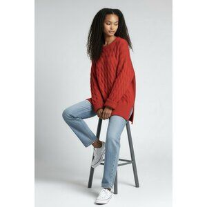 J.Crew Red Cable Knit Crewneck Sweater Red Side Slit Flip Cuff BM401 Womens M/L